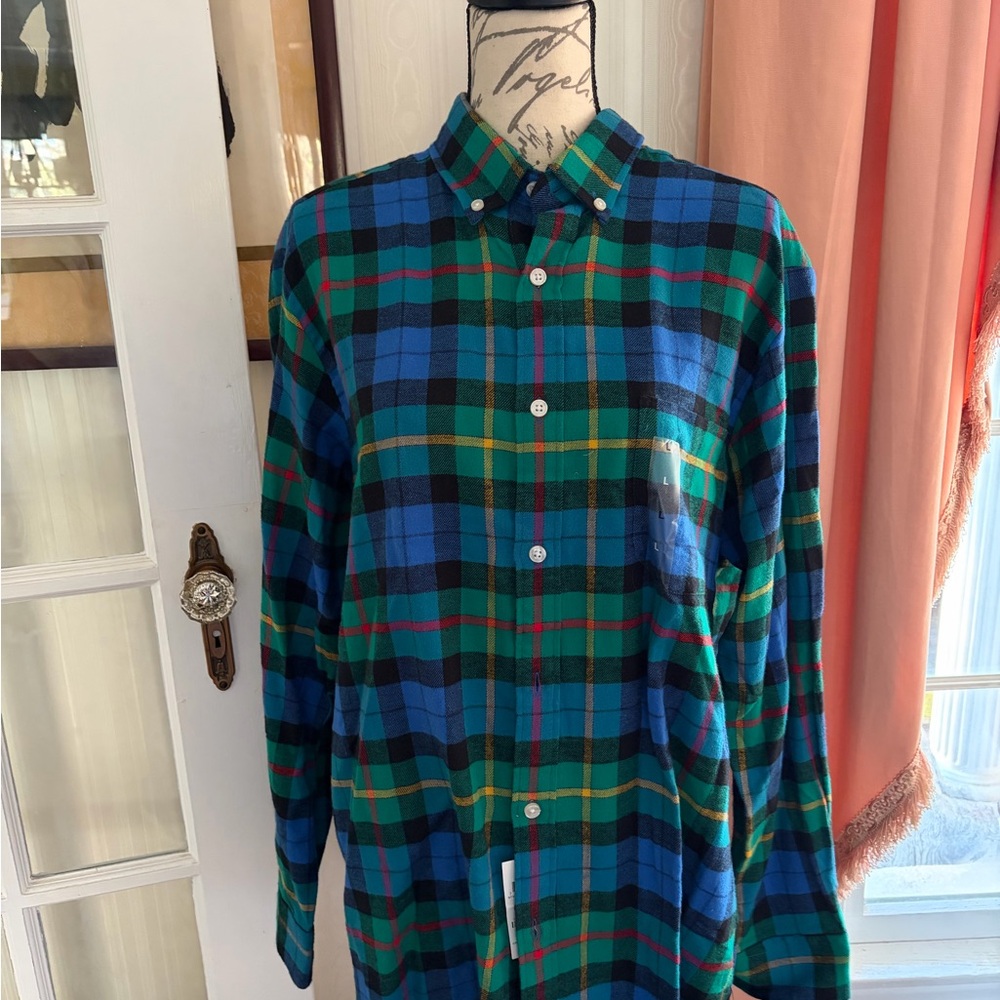 CLUB ROOM MENS Blue, Green & Black Plaid Button-Down Shirt